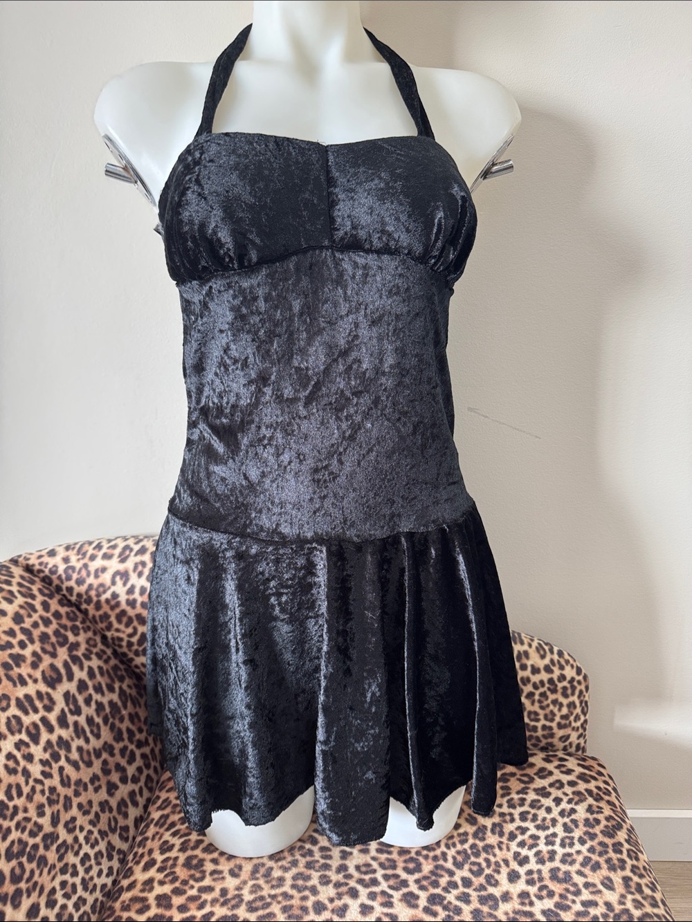 90s Black Velvet Halter Goth Mini Dress Costume